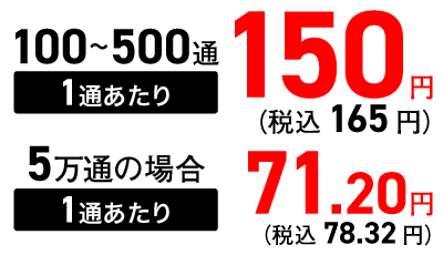 100~500通 1通あたり 税込165円、5万通の場合 税込1通あたり 78.32円