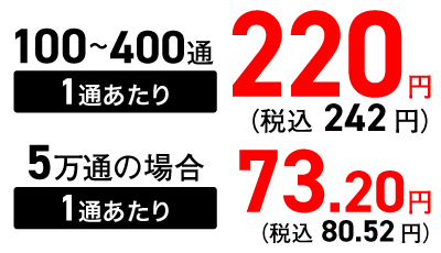 100~400通 1通あたり 税込242円、5万通の場合 1通あたり 税込80.52円